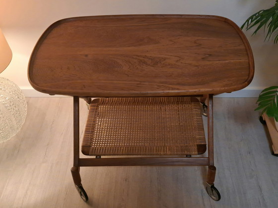 Image 1 of After JOHANNES ANDERSEN – Teak & Rattan Serving Trolley, CFC Silkeborg, Mid-20th Century