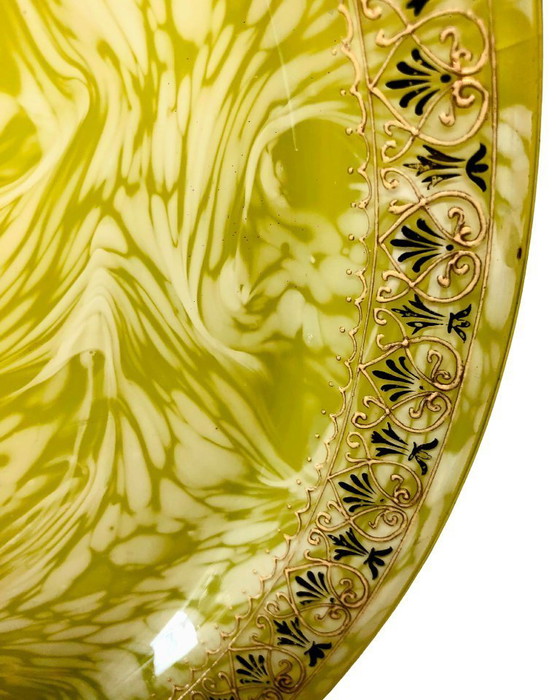 Image 1 of Hand Blown Art Glass Plate Yellow White Swirl Gold Rim Murano Style Vintage
