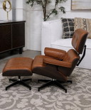 Moderne loungestoel van hout en leer met voetenbank – Premium bruin leer, walnoothout