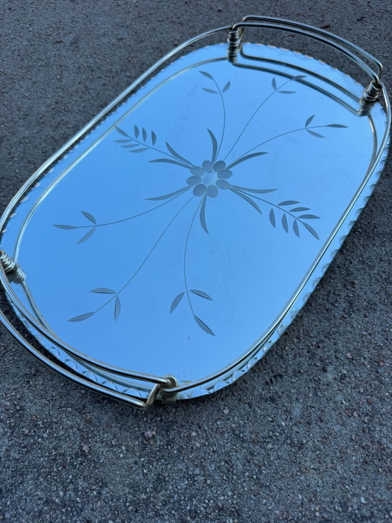 Engraved beveled mirror tray 50s, Decorative Objects, Glass, Chrome, Silver (photo 6 of 13)