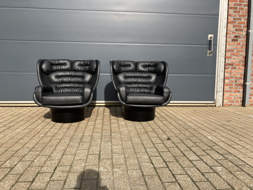 2x Joe Colombo Elda Stuhl, schwarzes Leder, schwarzes Fiberglas