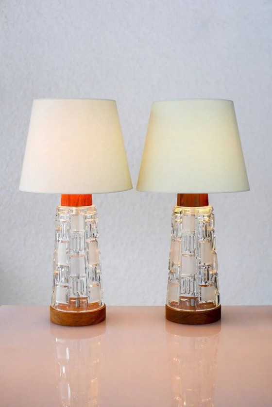 Image 1 of Mid-century modern Scandinavian teak and glass table lamps, set of 2