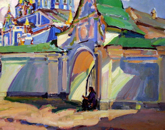 Original Ölgemälde Landschaft Tempelarchitektur Nahe den Toren der Kathedrale – Gemälde & Zeichnungen, Canvas (photo 5 of 5)
