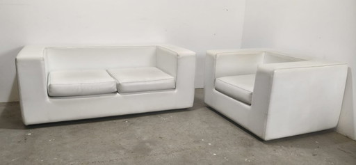 Ensemble canapé 2 places et fauteuil, cuir blanc