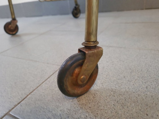 Image 1 of Vintage 1950s Brass & Marble Rolling Magazine Rack Side Table