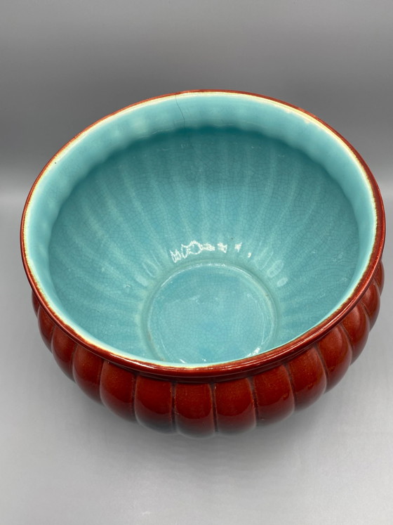 Sarreguemines Slipware Planter – Polychrome Red and Blue Glazes – Crockery, Ceramic, Art Nouveau (photo 4 of 11)