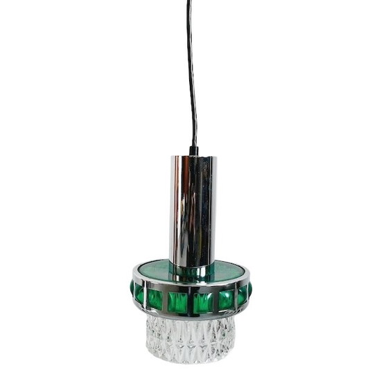 Image 1 of Suspension vintage Space Age en verre vert chromé Massive Raak Amsterdam années 1970