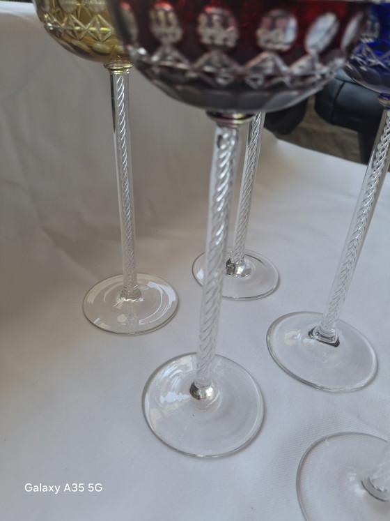 Image 1 of Set di 5 bicchieri da liquore antichi in stile Art Nouveau - Josephinenhütte, circa 1900 - stelo a spirale