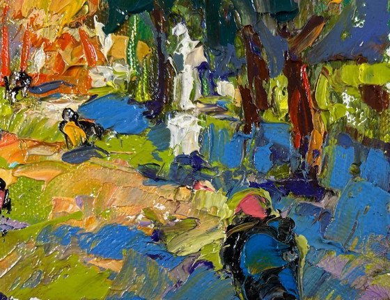 Image 1 of Peinture à l'huile originale représentant un paysage d'arbres d'été dans une allée du parc