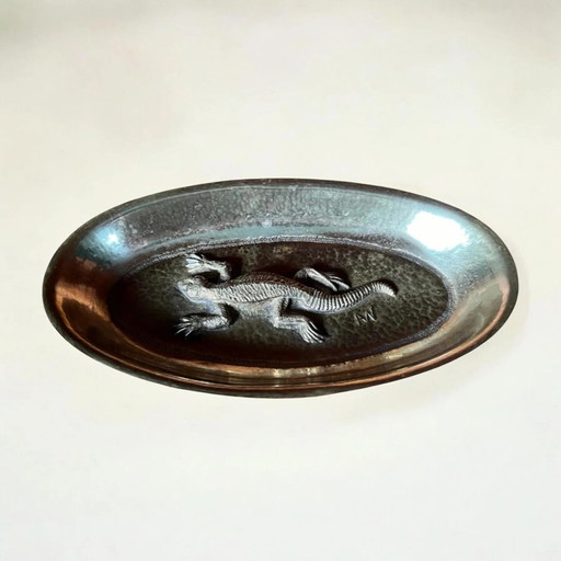 Rarity! Solid brass dish with a raised salamander. Likely an Art Deco calling card tray. Handmade. Signed with AN