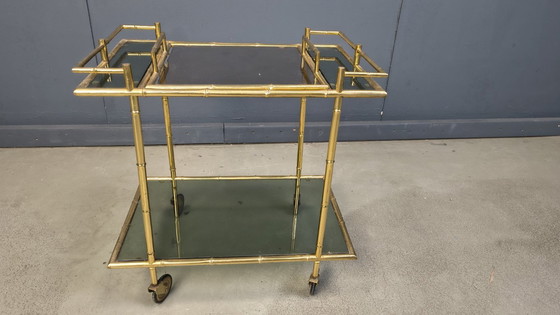 Image 1 of Chariot de service vintage en laiton imitation bambou, années 1960
