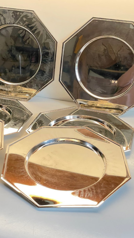 Image 1 of Set van 6 vintage zilveren metalen borden