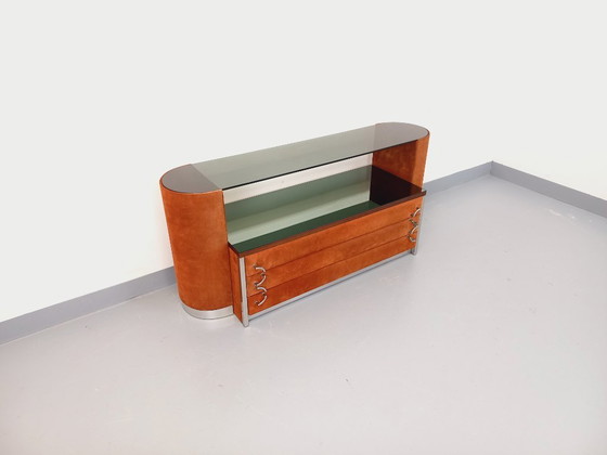 Image 1 of Coiffeuse vintage design italien en velours suédine, chrome, verre fumé et miroir des années 70 80