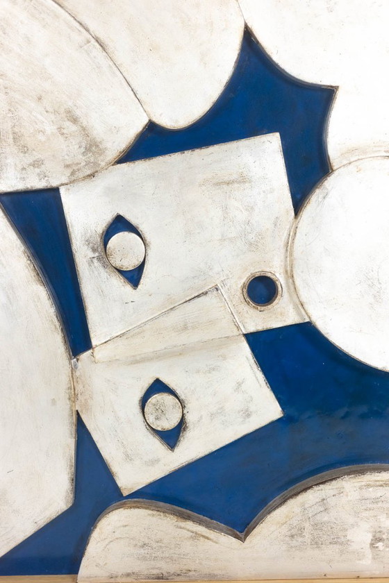 Image 1 of Silver bas-relief panel "The Acrobat" on a blue background. Contemporary.