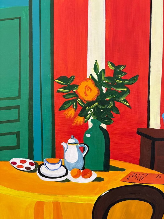 Image 1 of Pintura acrílica del artista E. García "El mantel amarillo" 100x70 cm