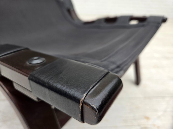 Image 1 of Anni '70, poltrona danese di Farstrup, mobili in pelle, tela, legno curvato.