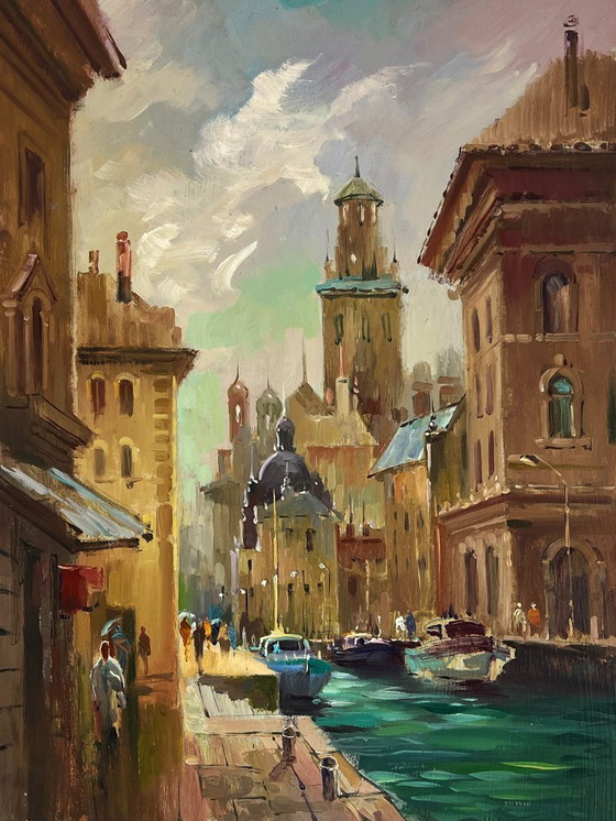 Image 1 of Original Oil Painting City River Landscape Venetian reflection