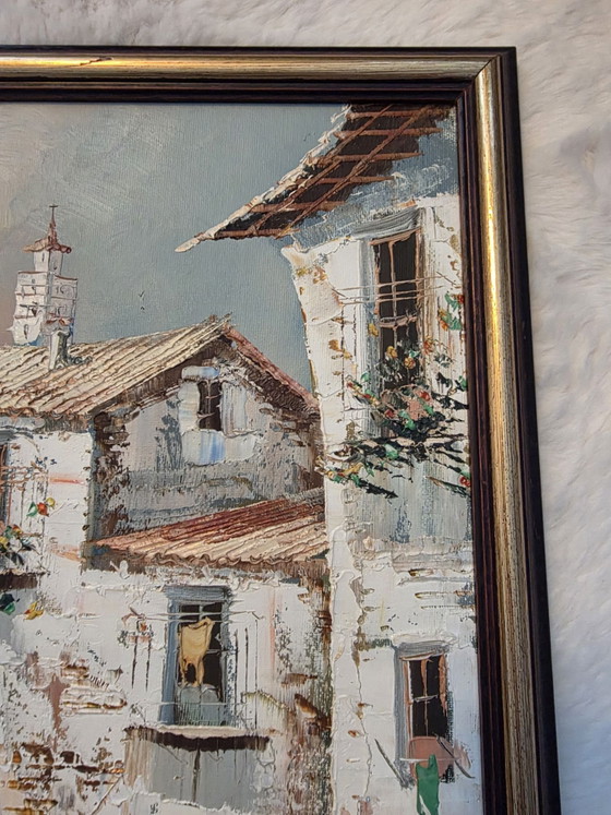 Atmospheric Village Scene, Oil on panel, Signed 'Pascual', Includes classic wooden frame, Art, Canvas, Beige (photo 3 of 9)