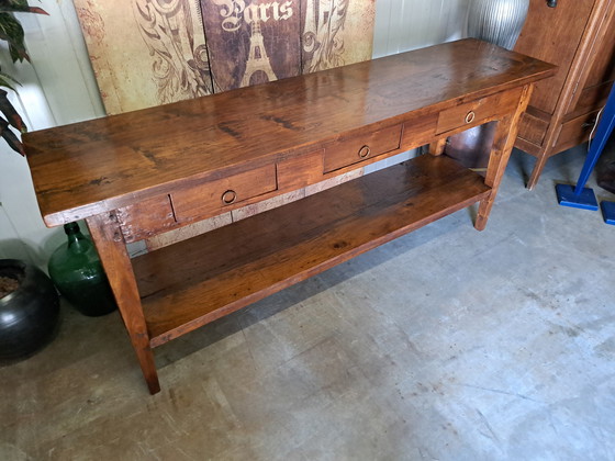 Image 1 of Klassieke Geleefde Teakhouten Sidetable, Wandconsole, Haltafel, Afmetingen 180 x 45 cm en 80 cm Hoog