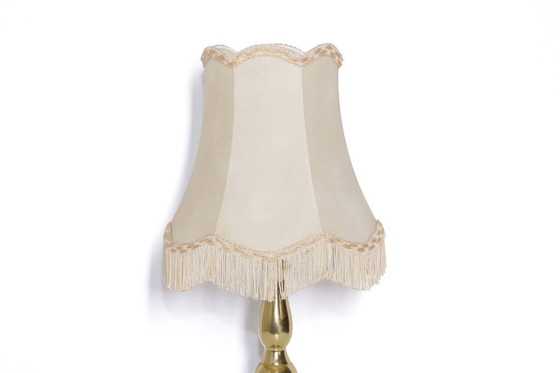 Image 1 of Tafellamp messing kunstleer stof randen franjes 43cm 80s vintage