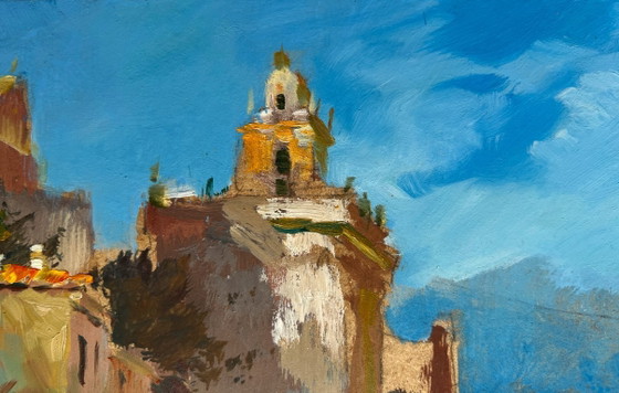 Image 1 of Origineel olieverfschilderij: Stadslandschap aan de kust met stadsboten aan zee.