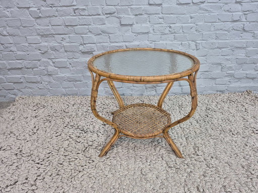 Elegant Bamboo Side Table with Woven Magazine Rack and Textured Glass Top. The Netherlands, 1950s-1960s.