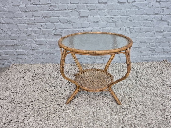Image 1 of Elegant Bamboo Side Table with Woven Magazine Rack and Textured Glass Top. The Netherlands, 1950s-1960s.