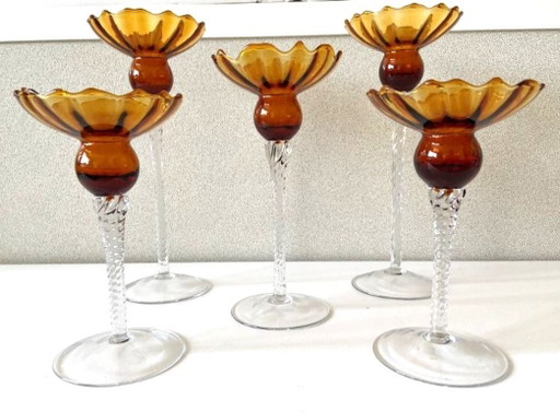 Élégant Quintuor Photophores Bougeoirs en Verre Cristal Art Design Empoli Italie