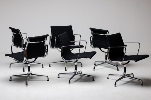 Set of six Vitra Eames EA 108 black, swivel, chairs..