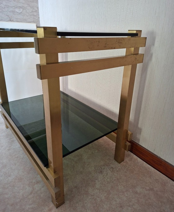 Image 1 of Vintage brass side table with 2 smoked glass shelves