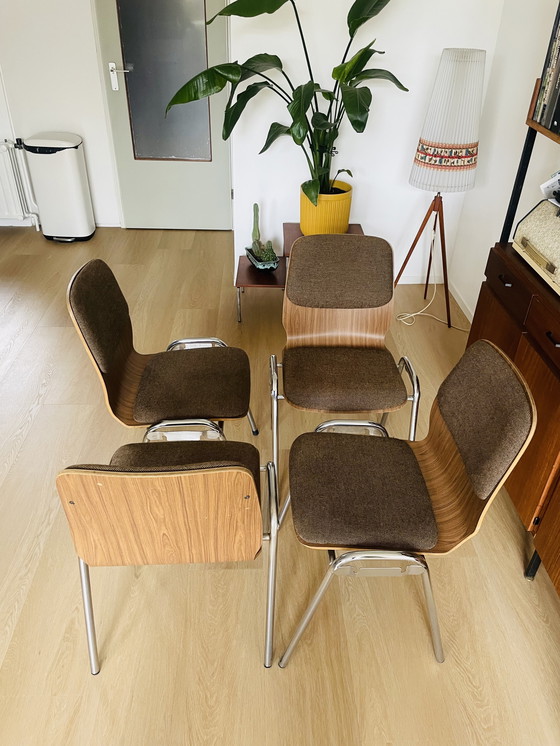 Image 1 of Set van 4 Vintage Mid-Century Moderne Stapelstoelen – Jaren '70 – Multiplex & Chroom