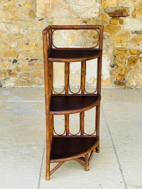 Image 1 of Mid-Century Bamboo & Rattan 3-Tier Corner Shelf, 1960s