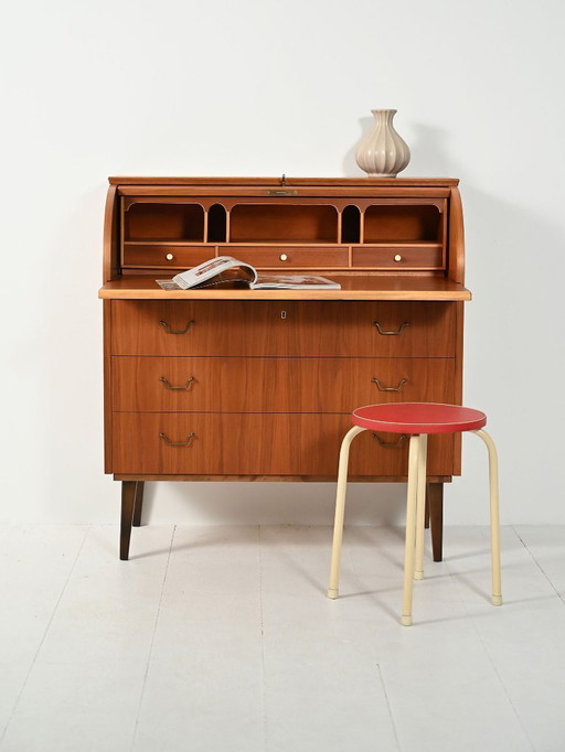 Secretaire scandinavo in teak con tamburo scorrevole