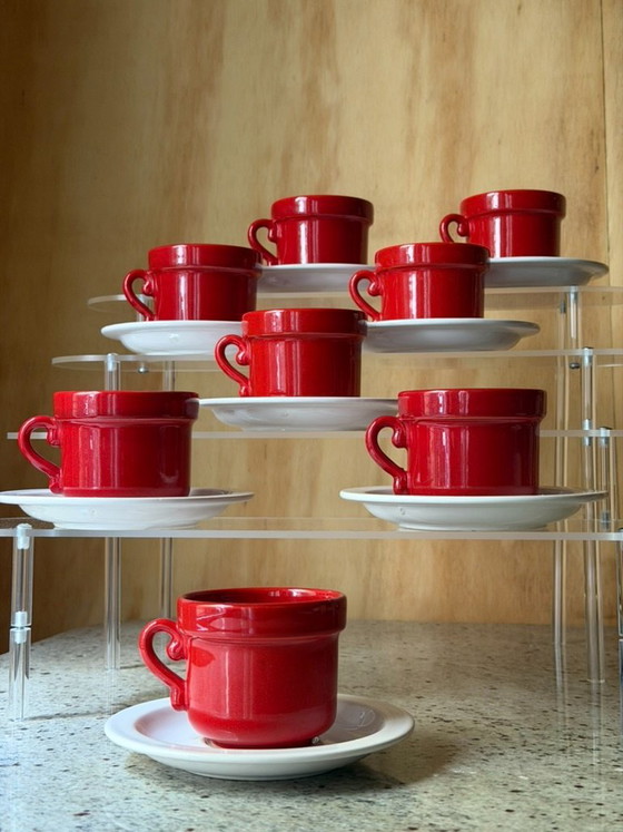 Vintage Huizen Holland Red Espresso Cups & Saucers Set | MCM Dutch Pottery MCM Kitchen Decor – Servies (photo 5 of 13)
