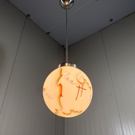 Image 1 of Art-Deco-Pendelleuchte aus Buntglas