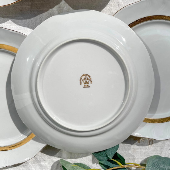 6 Vintage White and Gilded Porcelain Dinner Plates, French Limoges ADP "Ariane" - Elegant Antique French (photo 9 of 9)