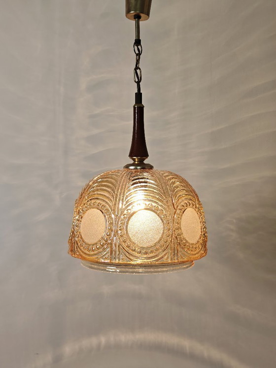 Image 1 of Vintage Amber Glass Pendant Light / 70s Mid Century Hanging Lamp / Retro Ceiling Light / Art Deco Style Glass Shade / Warm Ambie