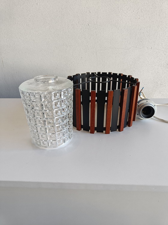 Image 1 of Scandinavian style pendant lamp in teak, black metal and textured glass, 1960s/70s