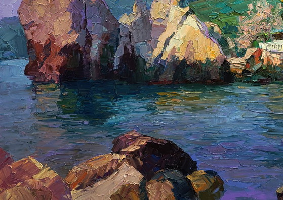 Original Oil Painting Seascape Rocks House On The Beach Morning At Sea – Paintings & Drawings, Canvas (photo 6 of 7)