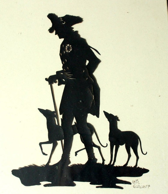 Image 1 of Silhouet antieke Lotte Gützlaff - ca. 1910 - met de hand gesigneerd - "Der Alte Fritz mit Windhunden".