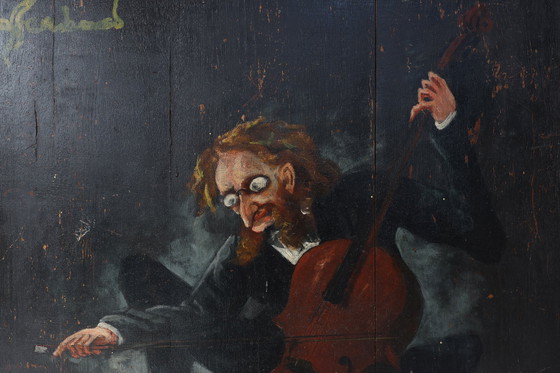 Image 1 of Peinture sur bois du 20e siècle signée S. Gil représentant un violoncelliste dans un théâtre à Paris