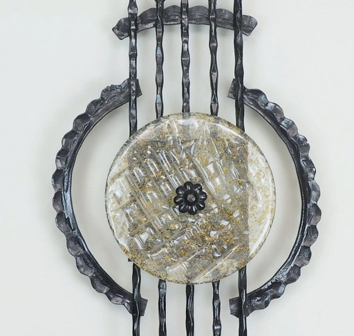 mid century brutalist style wrought iron and glass wall lamp sconce 1960s 1970s