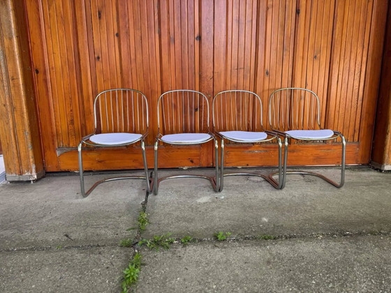Italian Dining Chairs by Gastone Rinaldi, 1970s, Set of 4, Metal, Textile, Italian Design (photo 2 of 10)