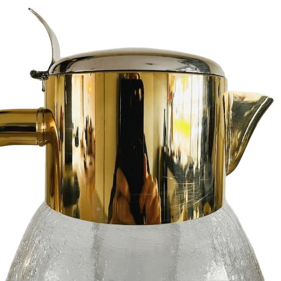 Image 1 of Vintage Kalte Ente glazen karaf waterkan craquelé glas verguld metaal 1970's