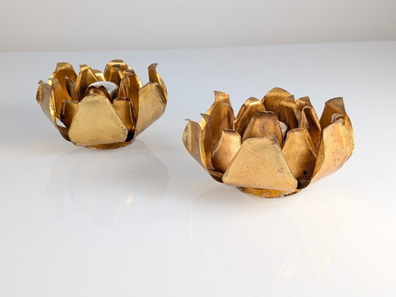 Image 1 of Paire d'appliques murales florales en métal doré, Hans Kögl, années 1970