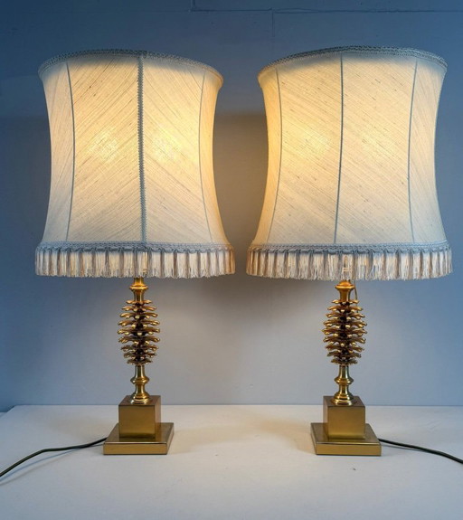 Set of 2 table lamps by Maison Charles, Hollywood Regency, pine cone/pine, France, 1970s