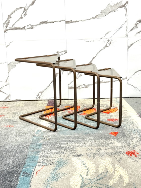 Image 1 of Set 4 tavolini Componibili Metallo E Vetro 1960’s Design Modernariato