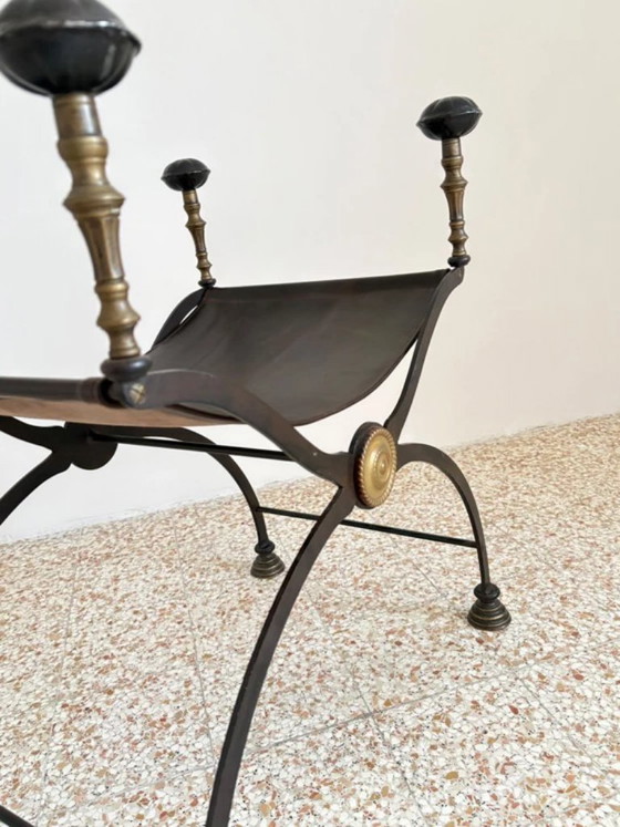 X-shaped seat in wrought iron, brass, and leather, 1920s-1930s, Stools (photo 11 of 11)