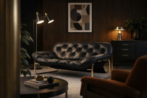 Vintage Mid-Century Scandinavian Modern Glamour Leather Black & Gold Sofa by John-Bertil Häggström for Swed-Form, 1970s
