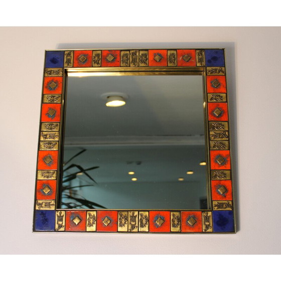 Image 1 of Square vintage mirror in gilded brass and glazed ceramic, 1970